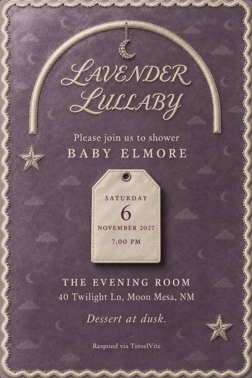 Baby shower invitation: Dusty purple velvet card, scalloped ivory border, embroidered arch with a silver crescent on a chain. Script reads LAVENDER LULLABY, BABY ELMORE, and a cream stitched tag shows the date.