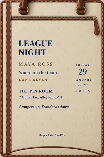 Cream leather card with a tonal MR monogram, chestnut piping, two handles and a brass zip. Navy capitals read LEAGUE NIGHT, with host, venue and date beneath and beside.