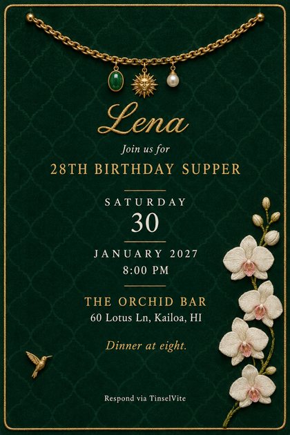 Birthday invitation on deep green velvet: gold chain with jade, sun and pearl charms across the top, embroidered white orchids at right, gold script name, date and venue below.