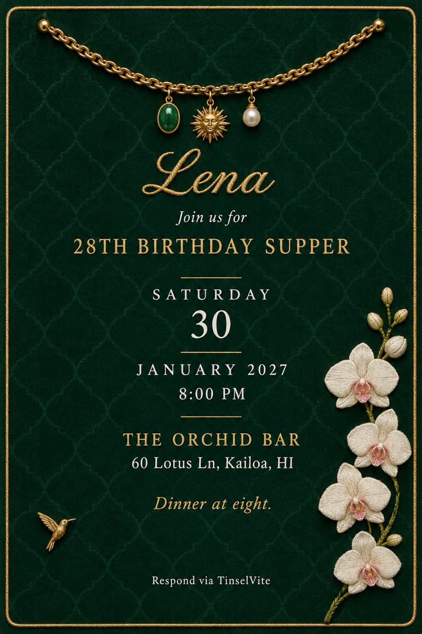 Birthday invitation on deep green velvet: gold chain with jade, sun and pearl charms across the top, embroidered white orchids at right, gold script name, date and venue below.