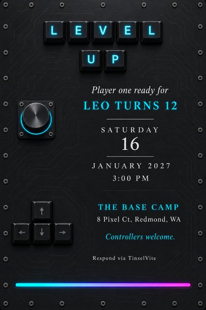 Birthday invitation styled as a black keyboard plate with glowing cyan LEVEL UP keycaps, a knurled knob, arrow keys and a light strip, with the date and venue below.