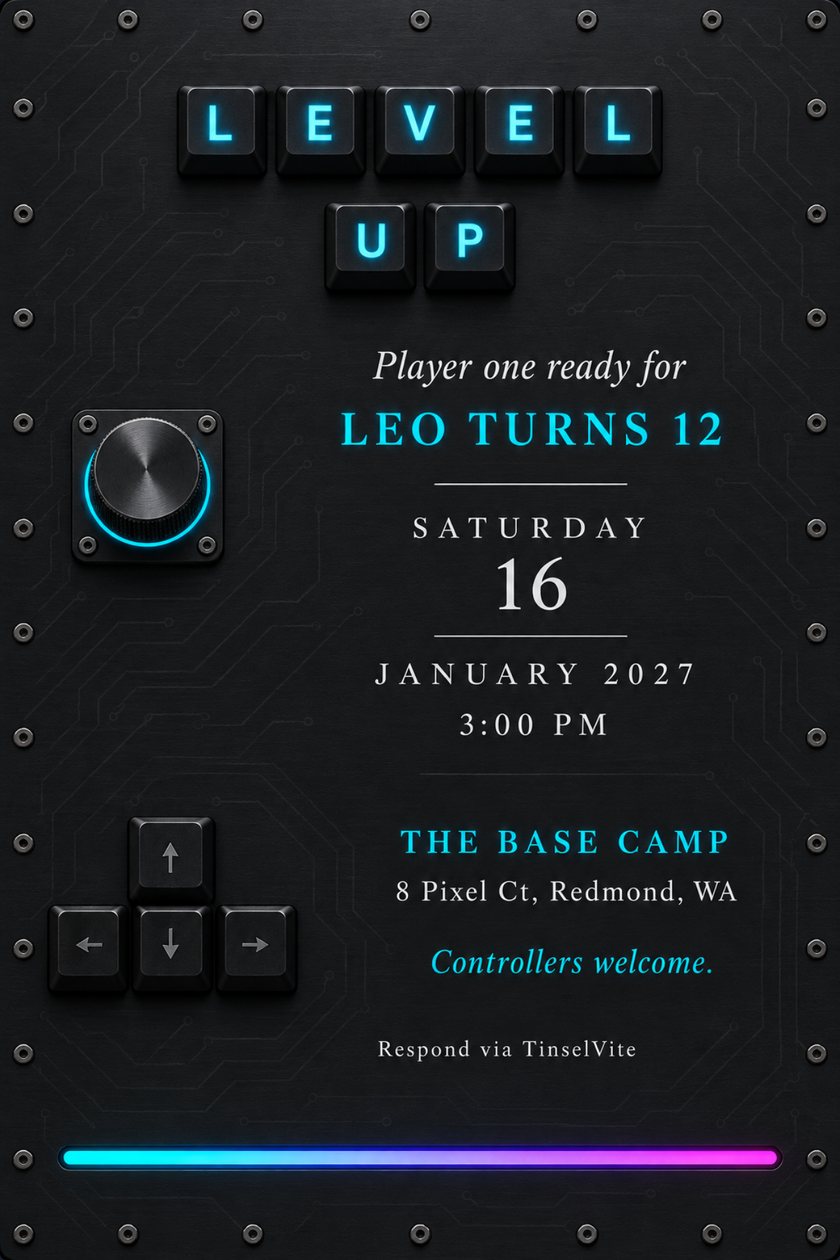 Birthday invitation styled as a black keyboard plate with glowing cyan LEVEL UP keycaps, a knurled knob, arrow keys and a light strip, with the date and venue below.