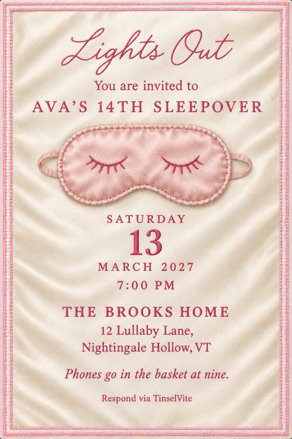 Ivory satin card with a pink stitched striped border and a blush satin sleep mask with embroidered closed eyes at centre. Script 'Lights Out' above AVA'S 14TH SLEEPOVER, with the date and venue below.