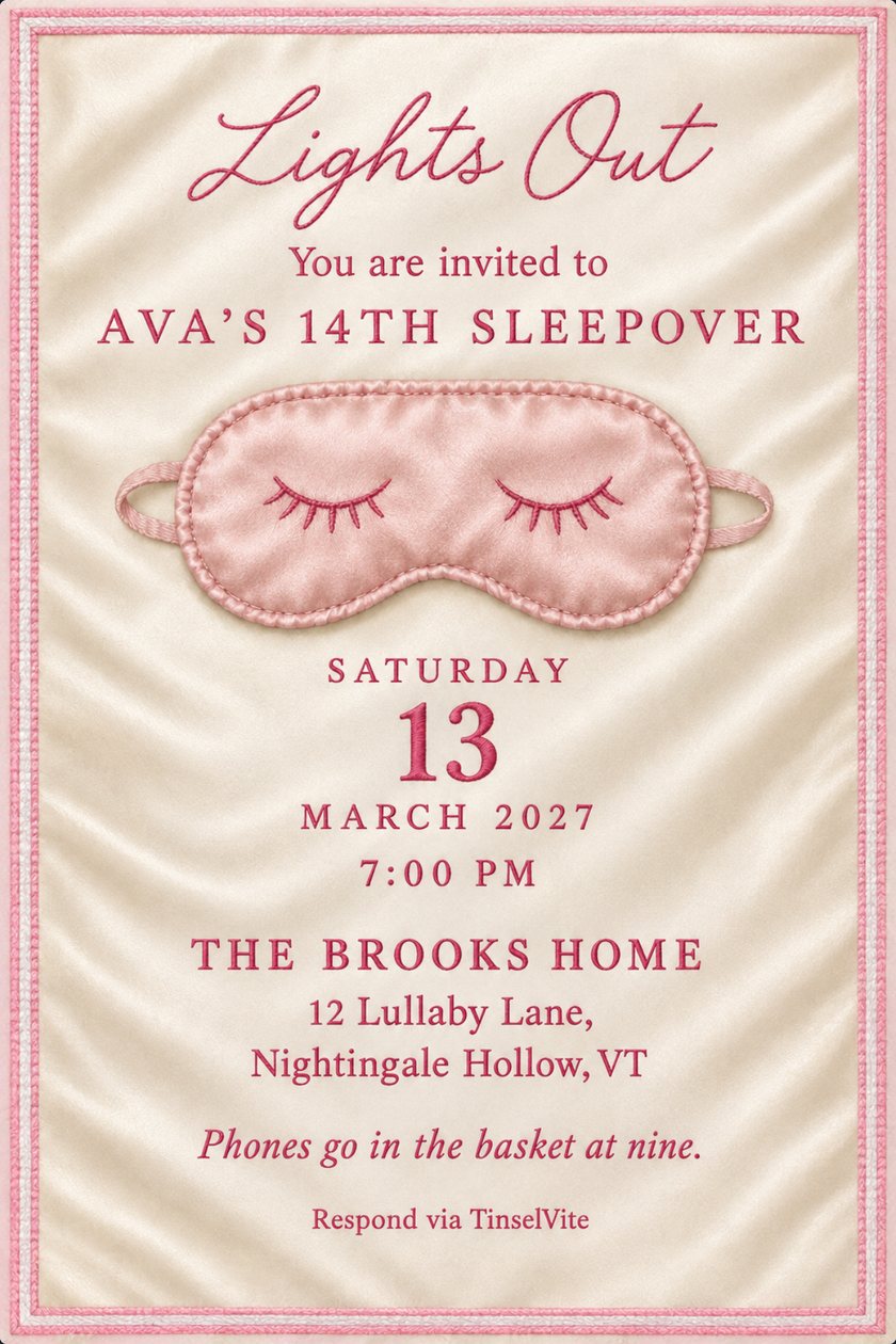 Birthday invitation: Ivory satin card with a pink stitched striped border and a blush satin sleep mask with embroidered closed eyes at centre. Script 'Lights Out' above AVA'S 14TH SLEEPOVER, with the date and venue below.
