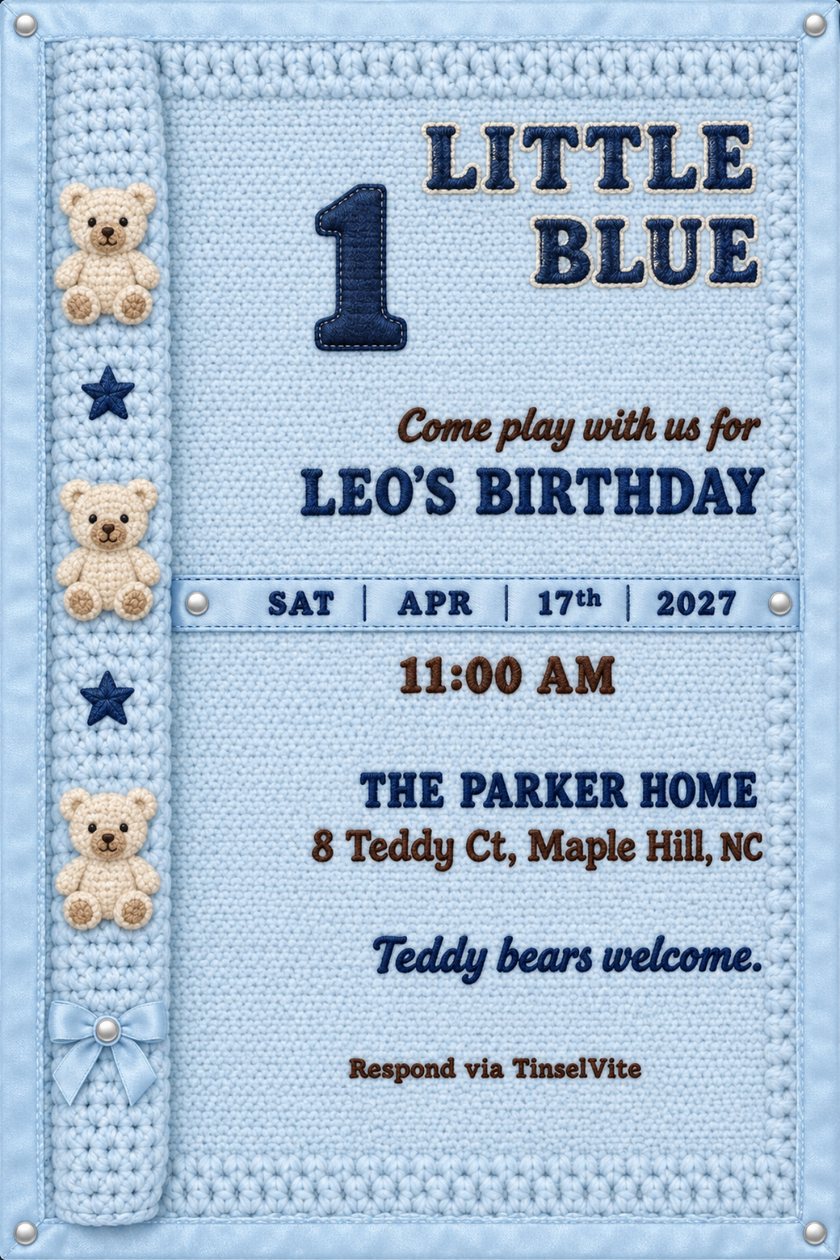 First birthday invitation on a pale blue crocheted blanket, with teddy bears and stars down a rolled left edge, a navy number 1 and LITTLE BLUE, date and venue below.