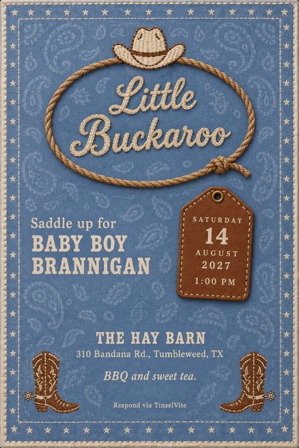 Bandana-blue paisley card, stitched cream star border. A tan rope lasso frames cream script reading Little Buckaroo, an embroidered cowboy hat above and boots at the corners, date and venue below.