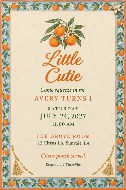 First birthday invitation on cream silk twill with a sky-blue border of clementines and blossoms, a clementine cluster and Little Cutie in orange script, gold tassels below.