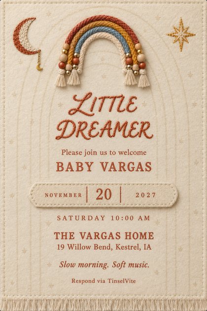 Cream felt card with a beaded macrame rainbow in terracotta, gold, blue and cream, a stitched moon and star beside it, LITTLE DREAMER in terracotta script, event details, fringe at the foot.