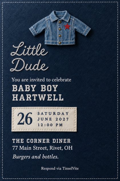 Dark indigo denim card, white stitched border. A tiny denim jacket with a red star patch at top. Chain-stitch script reads Little Dude over BABY BOY HARTWELL, with date and venue below.