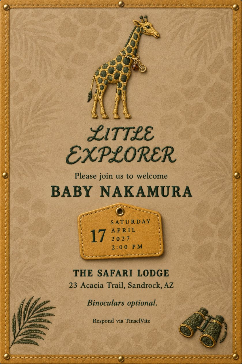 Baby shower invitation: Embroidered giraffe with a chain necklace on khaki suede in a stitched leather border. Script reads Little Explorer above BABY NAKAMURA, a leather tag gives the date and time, venue below.