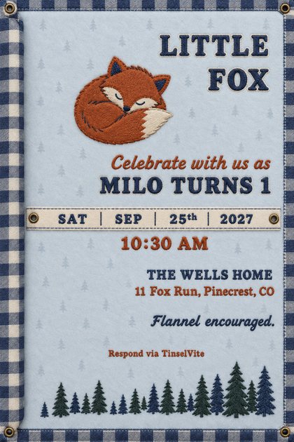 First birthday invitation on pale blue flannel with a navy check binding, an embroidered sleeping fox, pine trees, the date on cream tape and LITTLE FOX as the largest wording.