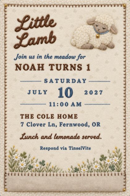 First birthday invitation on cream bouclé wool: a sleeping lamb with a gold bell, brown stitched title Little Lamb, daisies and clover at the foot, date and venue below.