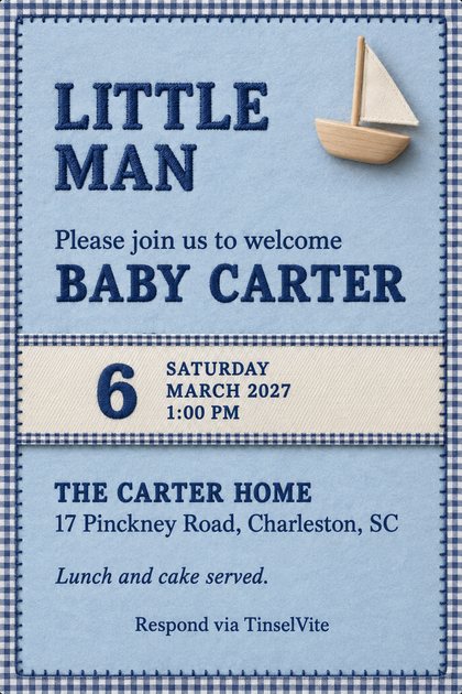 Powder blue felt card with a navy gingham border and wooden sailboat at top right; embroidered navy text reads Little Man, Baby Carter, Saturday 6 March 2027, 1:00 PM, the venue.