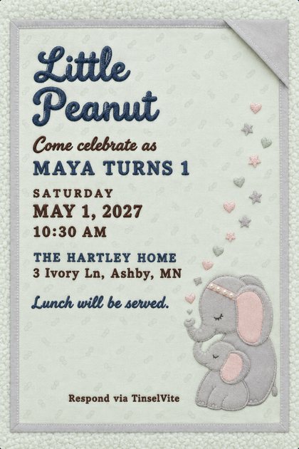 First birthday invitation on pale mint sherpa with a grey linen mother and baby elephant, floating hearts and stars, and Little Peanut in navy script, with the date and venue below.