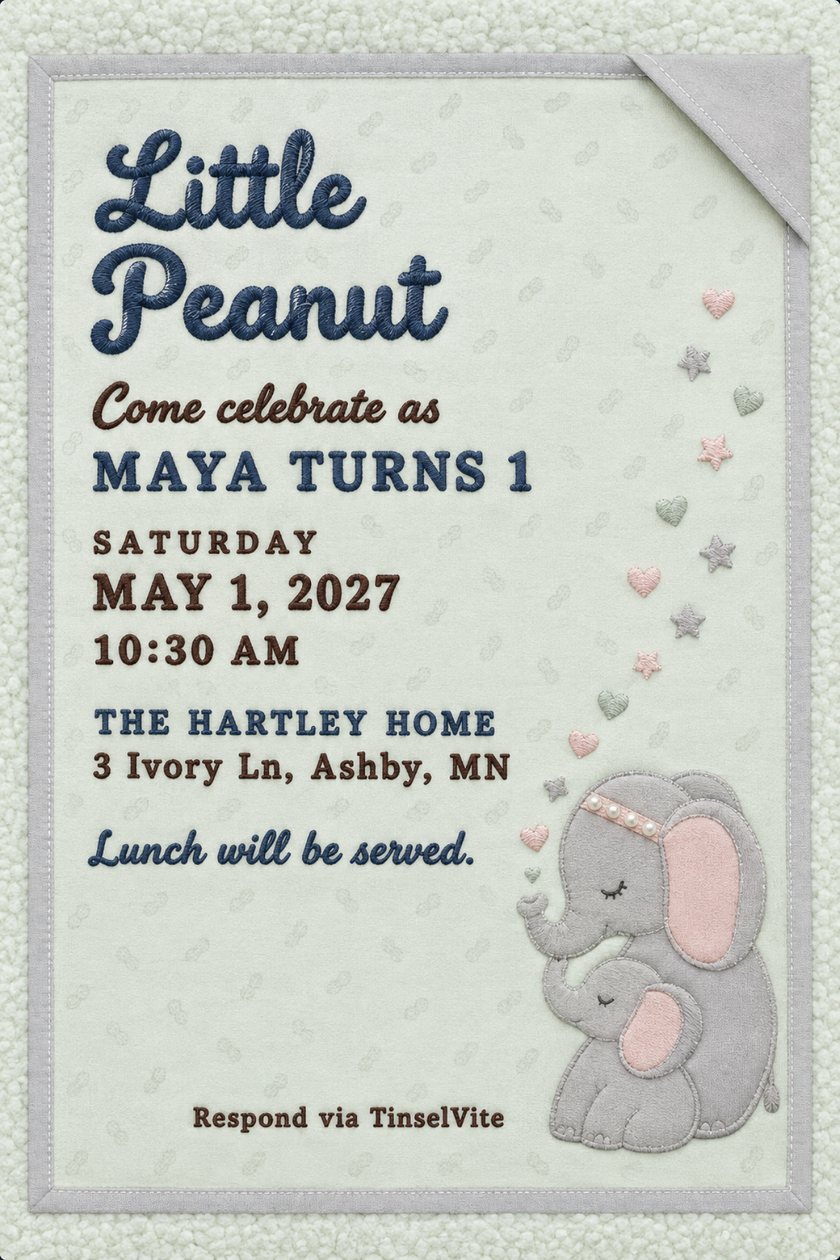 First birthday invitation on pale mint sherpa with a grey linen mother and baby elephant, floating hearts and stars, and Little Peanut in navy script, with the date and venue below.