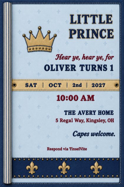 First birthday invitation on pale blue corduroy with a stitched gold crown, a gold date sash and a navy fleur-de-lis band, headed Little Prince, with the date and venue below.
