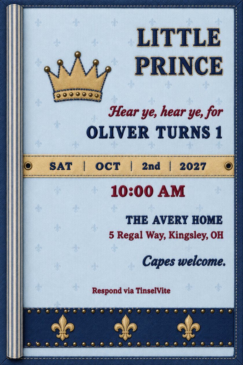 First birthday invitation on pale blue corduroy with a stitched gold crown, a gold date sash and a navy fleur-de-lis band, headed Little Prince, with the date and venue below.