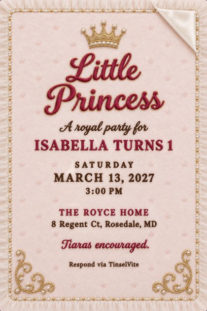 Little Princess first birthday invitation on blush velvet with a gold crown, raspberry script lettering, a pearl and tulle border and the date and venue below.