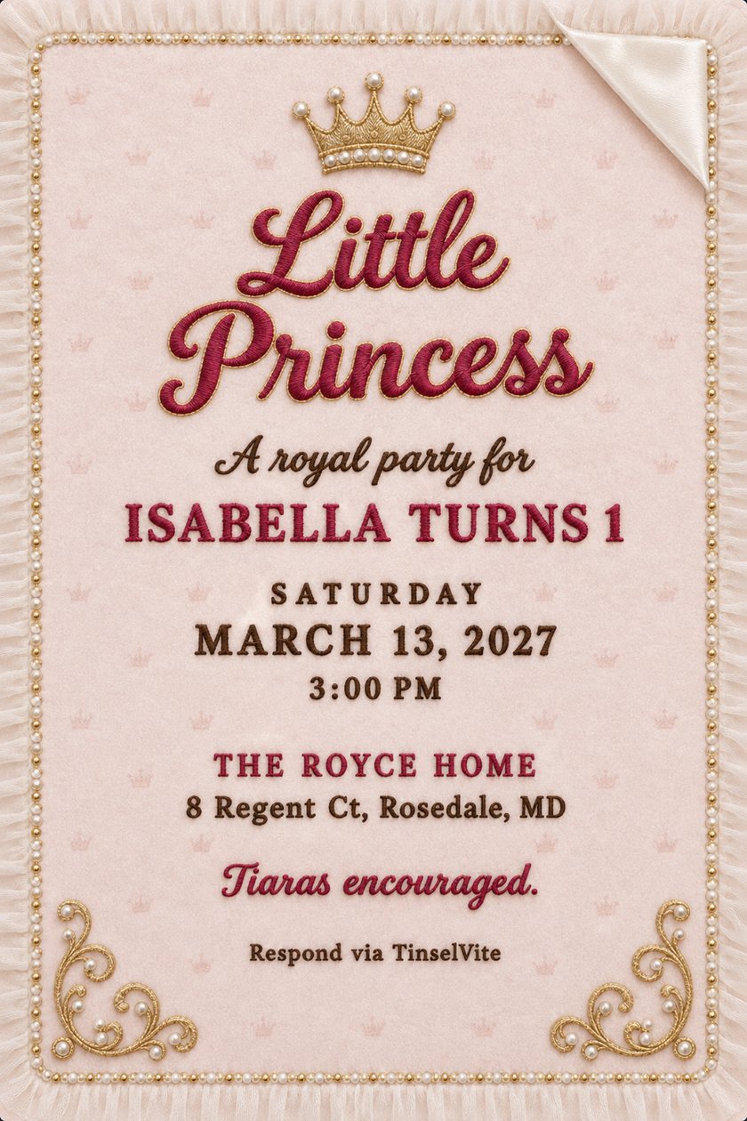 Little Princess first birthday invitation on blush velvet with a gold crown, raspberry script lettering, a pearl and tulle border and the date and venue below.
