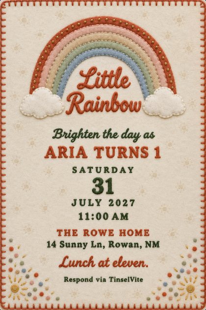 First birthday invitation on pale oat wool with a stitched felt rainbow arch, two white clouds, gold beads, and Little Rainbow in terracotta script, with the date and venue below.