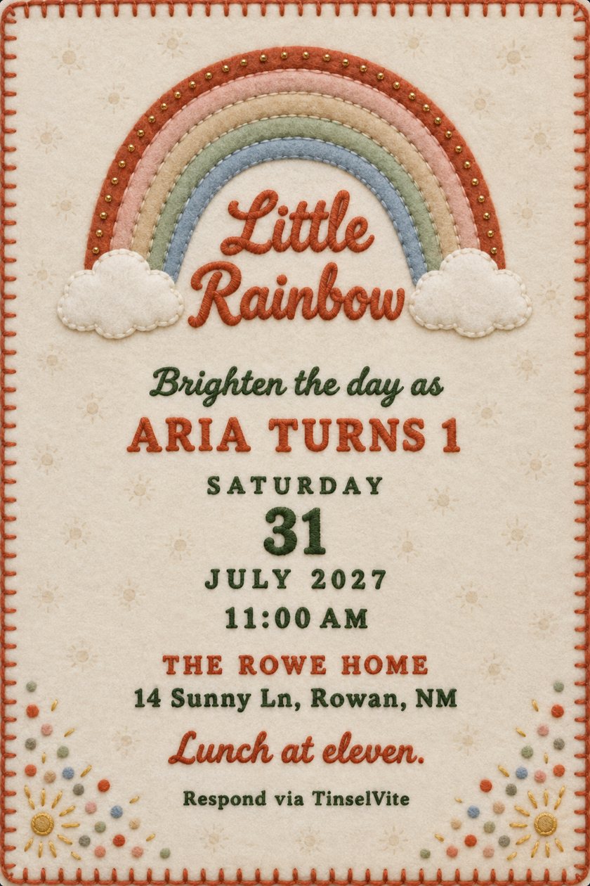 First birthday invitation on pale oat wool with a stitched felt rainbow arch, two white clouds, gold beads, and Little Rainbow in terracotta script, with the date and venue below.