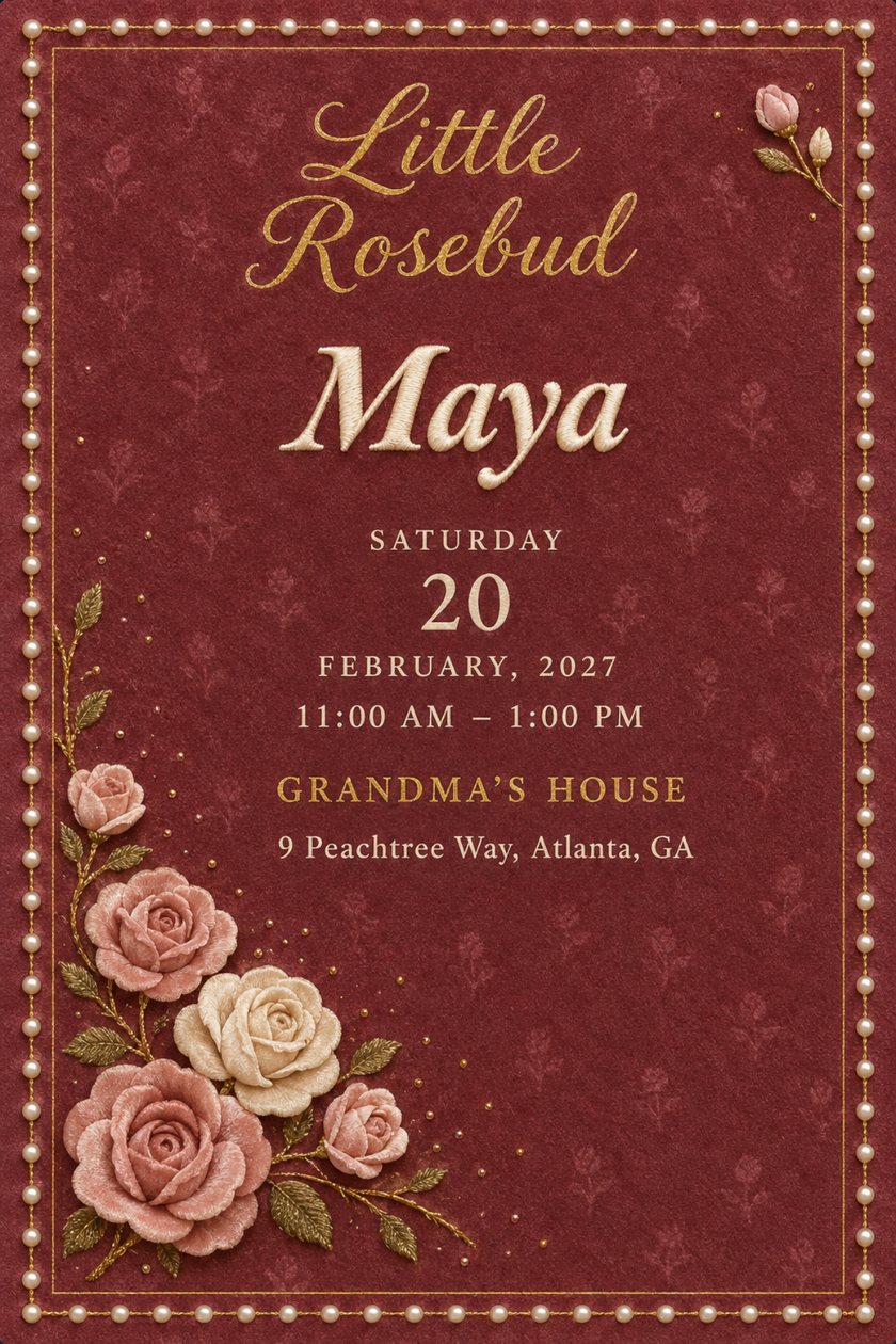 Baby shower invitation: burgundy felt with a pearl border, embroidered pink and cream roses at lower left, gold script Little Rosebud, then the date and venue below.