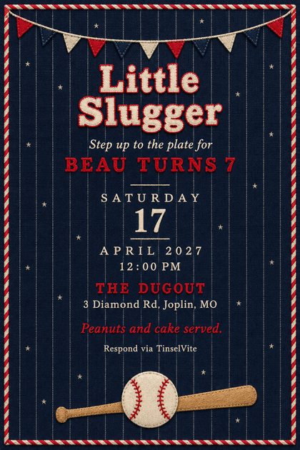 Baseball birthday invitation on navy pinstriped flannel with felt pennant bunting, a stitched baseball and bat, and Little Slugger in cream letters, date and venue below.