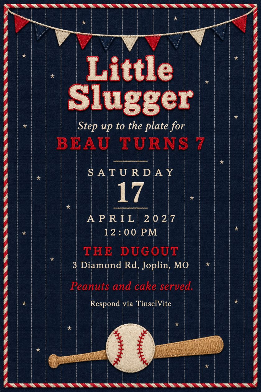 Baseball birthday invitation on navy pinstriped flannel with felt pennant bunting, a stitched baseball and bat, and Little Slugger in cream letters, date and venue below.