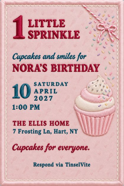 Pink velvet birthday invitation with a stitched satin cupcake, a twine bow and sprinkles, the heading 1 Little Sprinkle, and the date and venue below.