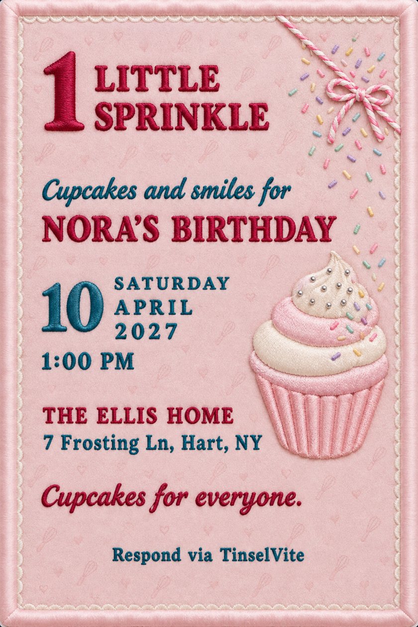 Pink velvet birthday invitation with a stitched satin cupcake, a twine bow and sprinkles, the heading 1 Little Sprinkle, and the date and venue below.