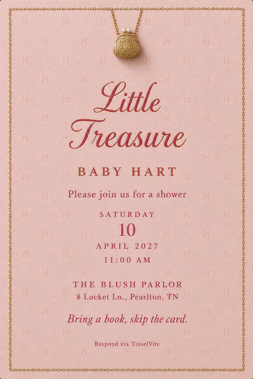 Baby shower invitation: Blush leather card with a gold chain border and a filigree coin purse pendant hanging at the top. Deep rose script reads Little Treasure above BABY HART, with date and venue below.