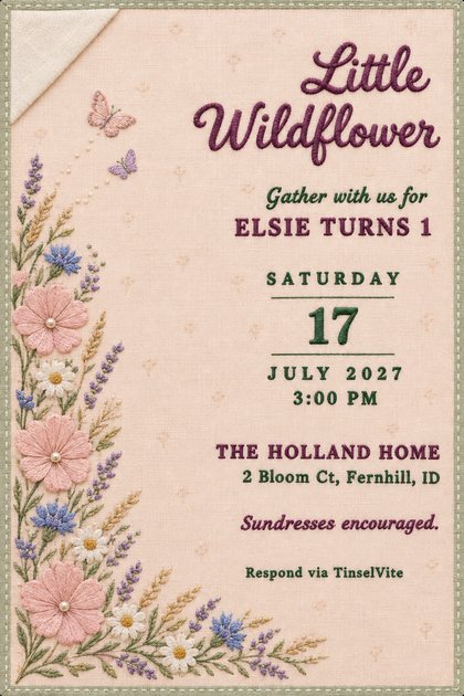 First birthday invitation on pale peach cotton gauze with embroidered pink cosmos, daisies and lavender up the left, butterflies, and Little Wildflower in plum script.