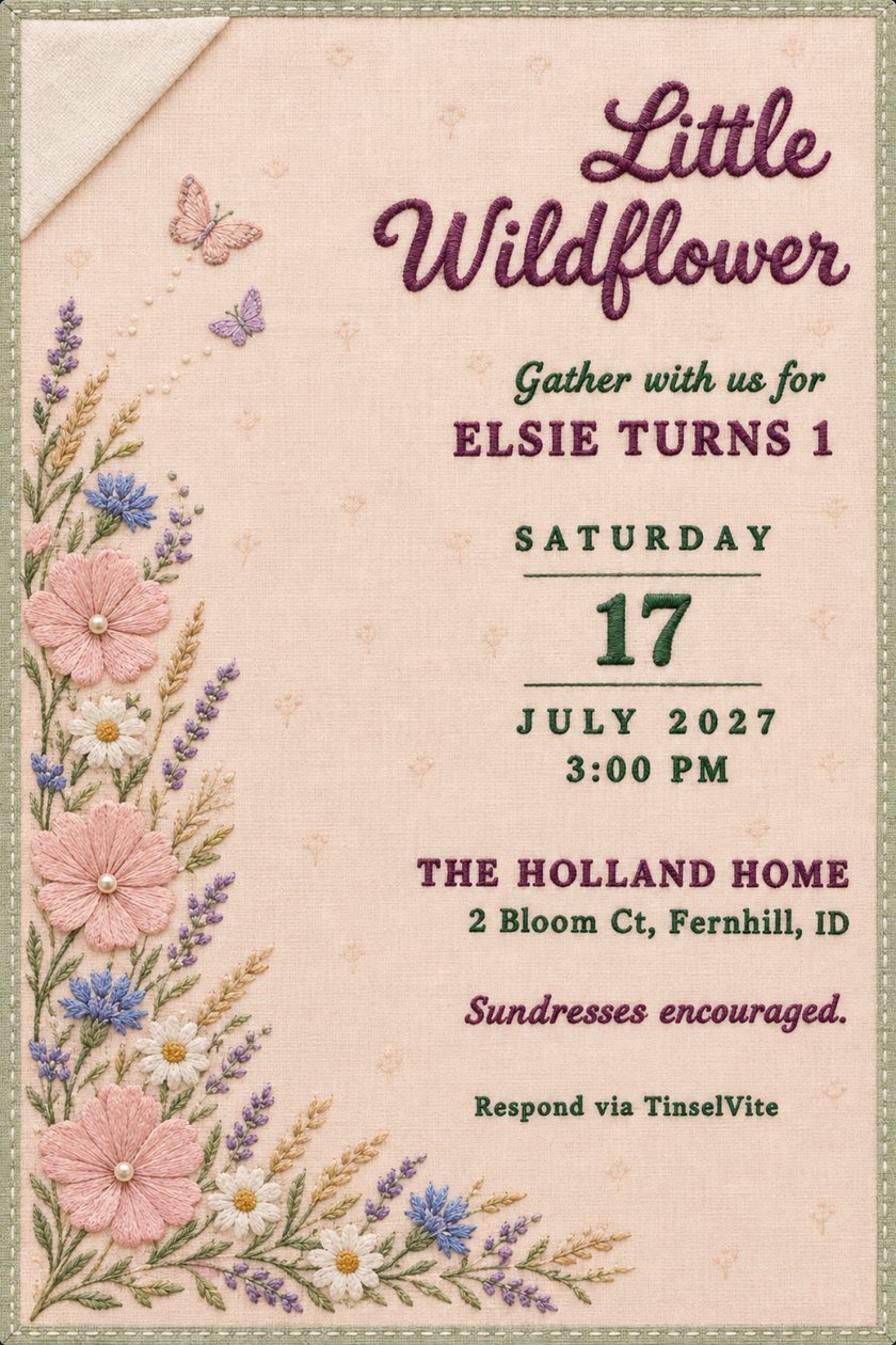 First birthday invitation on pale peach cotton gauze with embroidered pink cosmos, daisies and lavender up the left, butterflies, and Little Wildflower in plum script.