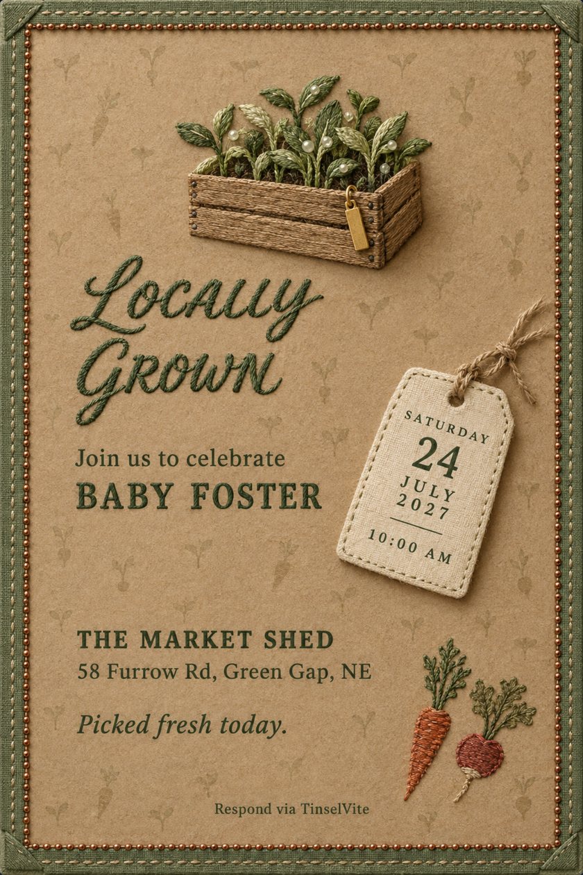 Baby shower invitation: Kraft card with a sage linen border and copper beads. An embroidered crate of seedlings above green stitched script reading Locally Grown, with BABY FOSTER, a linen date tag, a carrot and a radish.