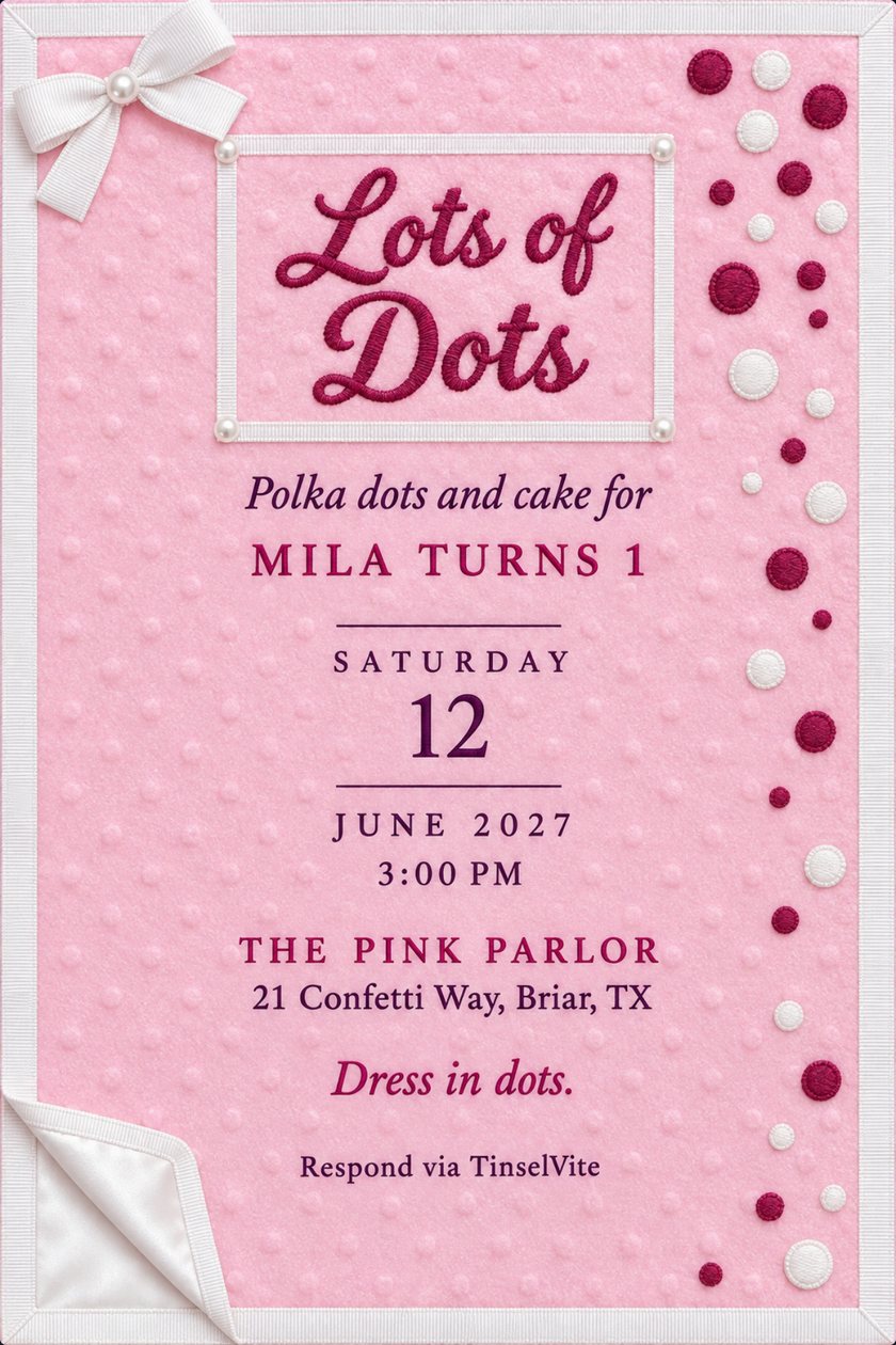 Pink plush cloth birthday invitation with white ribbon border, bow and pearl-cornered frame around script Lots of Dots, maroon and white dots down the right, details below.
