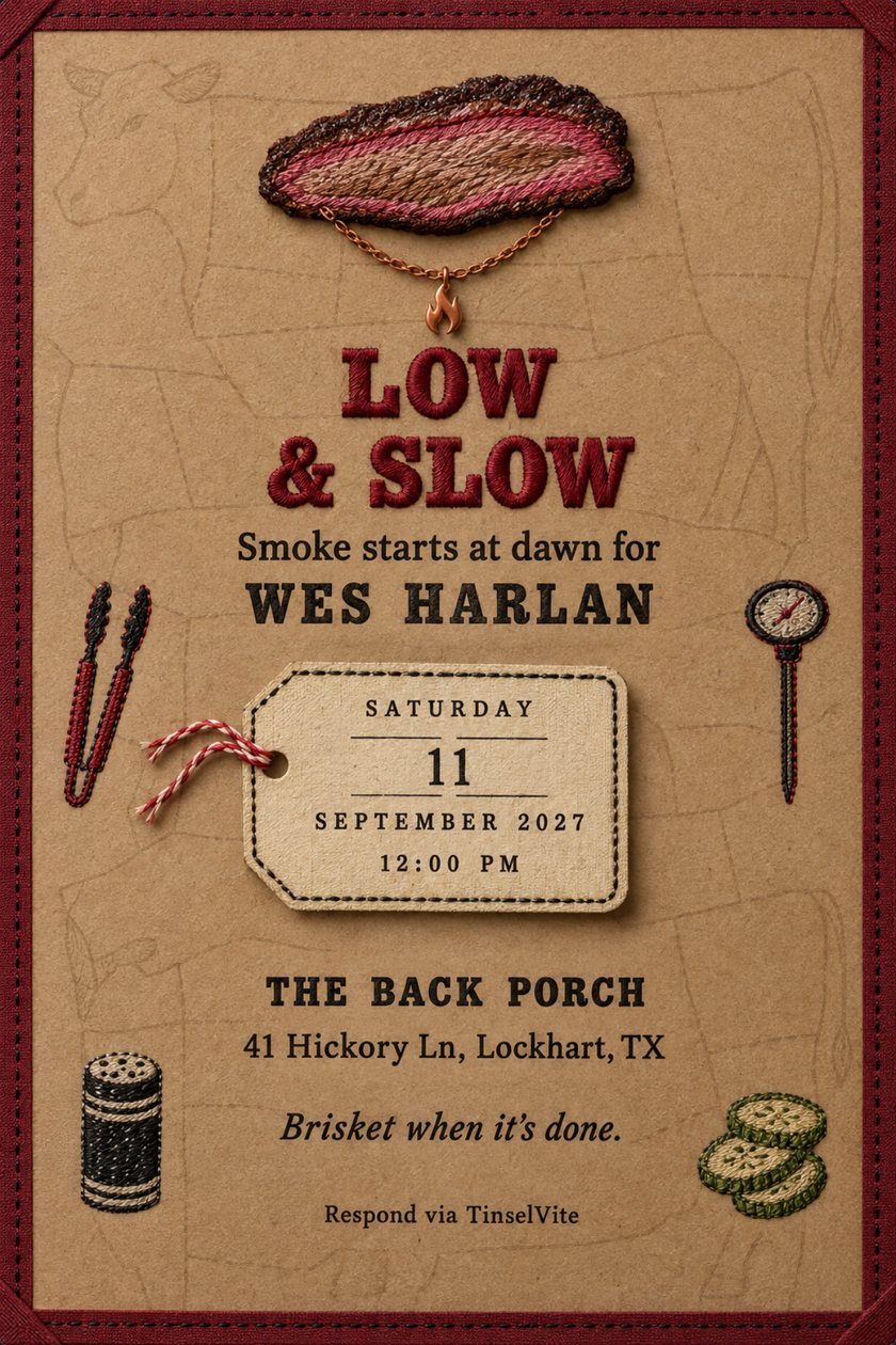 Dad's night out invitation: Kraft butcher paper card with an embroidered sliced brisket, a copper flame charm, tongs, thermometer, pepper tin and pickle chips, around stitched red letters LOW & SLOW, with date and venue below.