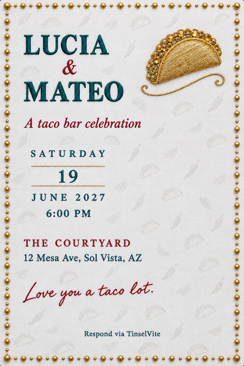 Engagement party invitation on white linen with a gold beaded border, a gold embroidered taco set with citrine crystals at top right, and large teal names above the date and venue.