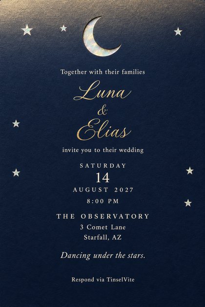 Midnight navy card with a crescent moon cut out at the top showing pale opal paper beneath, small opal stars in the margins, and gold script names reading Luna & Elias, with the date and venue below.