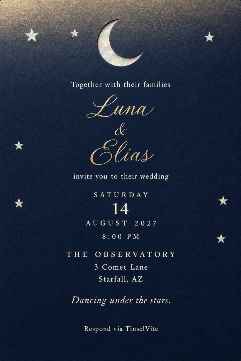 Wedding invitation: Midnight navy card with a crescent moon cut out at the top showing pale opal paper beneath, small opal stars in the margins, and gold script names reading Luna & Elias, with the date and venue below.
