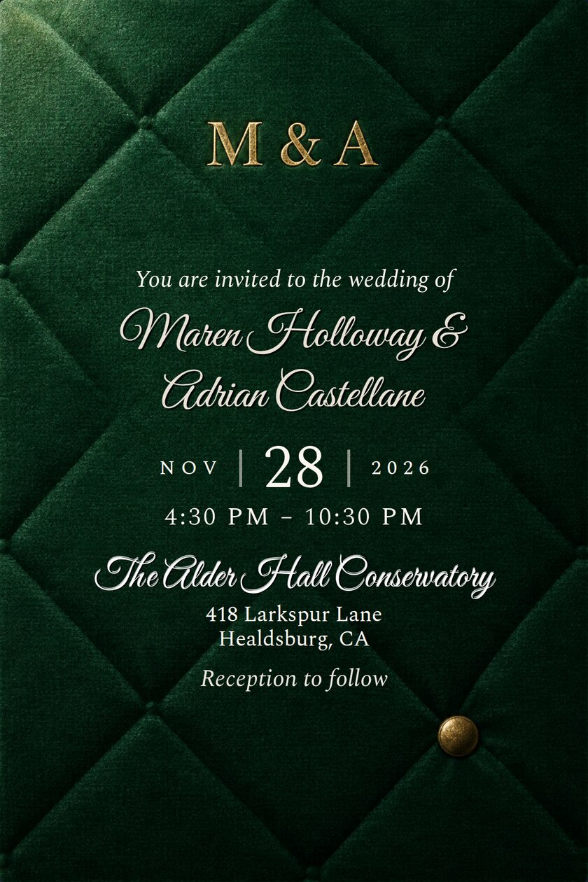 Wedding invitation: Deep emerald velvet with diamond tufting and soft pleat shadows, gold serif lettering reading M & A near the top, and a small antique-brass button sunk into a pleat at lower right.