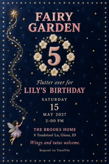 Birthday invitation on navy velvet headed Fairy Garden in pink stitched letters, a flower ring around a 5, and a fairy with a star wand and sparkling trail, details below.