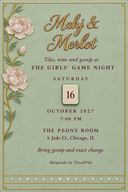 Game night invitation in pale celadon lacquered wood with a mother-of-pearl peony branch, a bone mahjong tile for the date and gold script reading Mahj & Merlot.