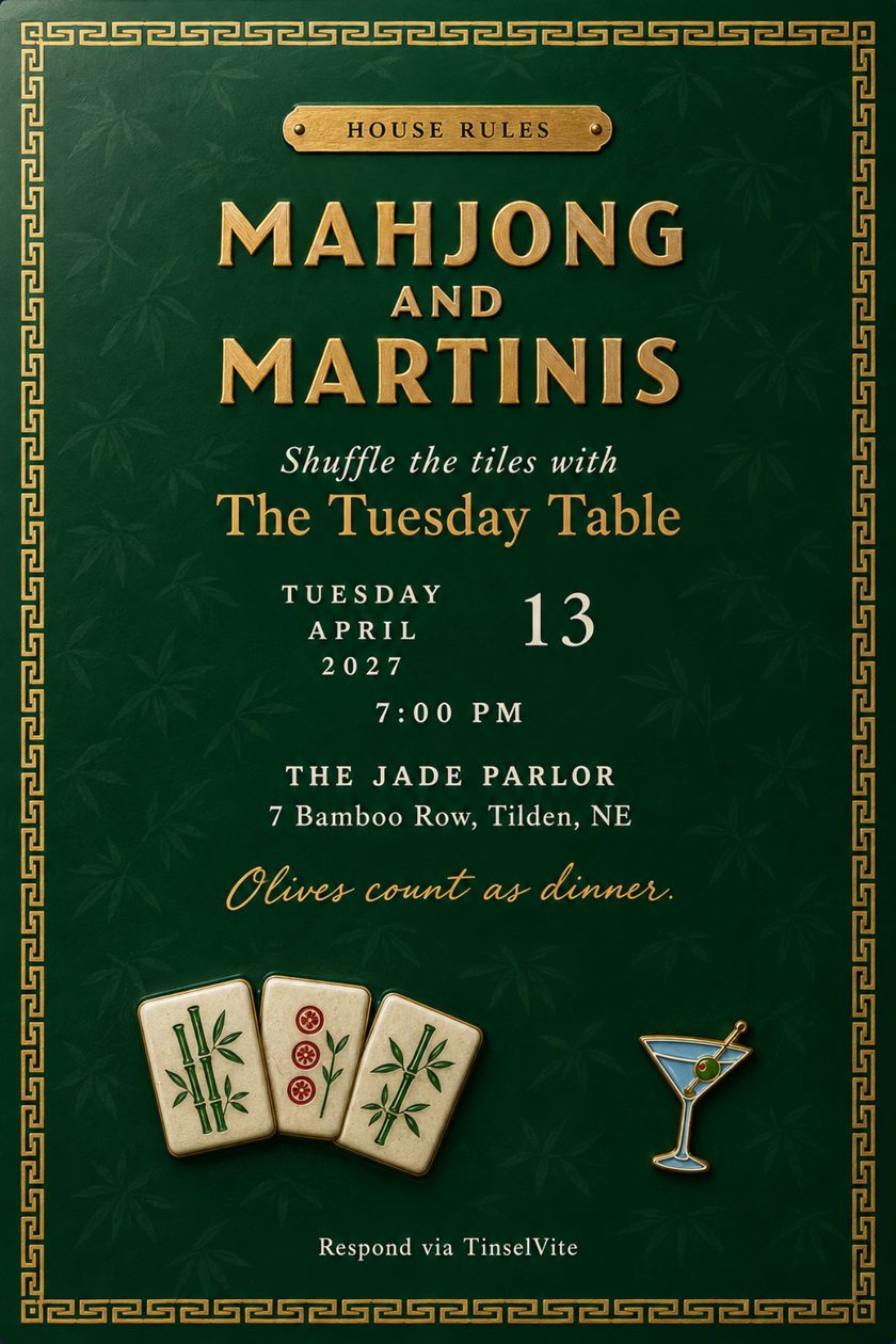 Game night invitation on green lacquer with a gold key border, three ivory mahjong tiles, a martini glass pin and the title Mahjong and Martinis in raised gold capitals.