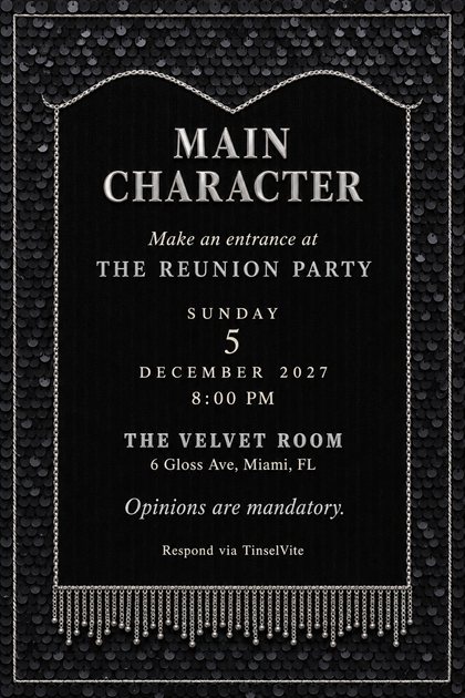 Watch party invitation: black velvet gown panel with a sweetheart neckline in silver chain, bead fringe below, sequin border, and MAIN CHARACTER in large silver letters.