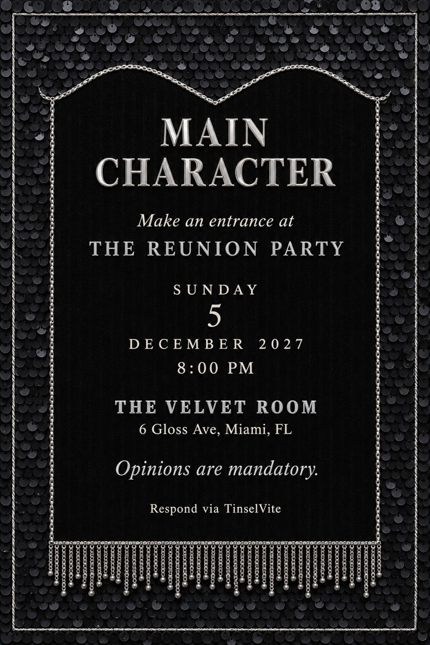 Watch party invitation: black velvet gown panel with a sweetheart neckline in silver chain, bead fringe below, sequin border, and MAIN CHARACTER in large silver letters.