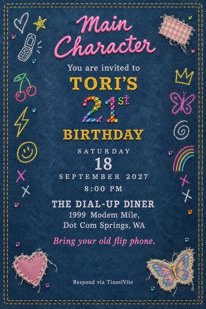 Indigo denim card with gold topstitching, crayon doodles and fabric patches. Pink puff-paint "Main Character" above Tori's 21st birthday in gold and rhinestones, with date and venue.