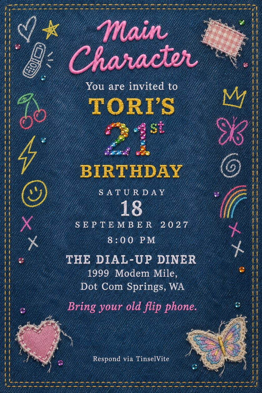 Indigo denim card with gold topstitching, crayon doodles and fabric patches. Pink puff-paint "Main Character" above Tori's 21st birthday in gold and rhinestones, with date and venue.