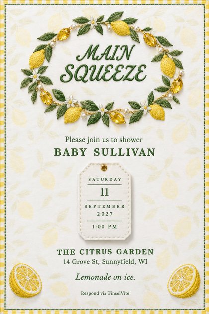 Embroidered white cotton card with a yellow gingham border. A wreath of stitched lemons, pearls and yellow gems rings the script MAIN SQUEEZE, with BABY SULLIVAN, the date and venue below.