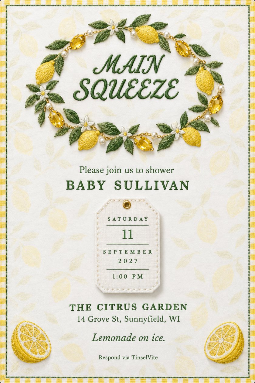 Baby shower invitation: Embroidered white cotton card with a yellow gingham border. A wreath of stitched lemons, pearls and yellow gems rings the script MAIN SQUEEZE, with BABY SULLIVAN, the date and venue below.