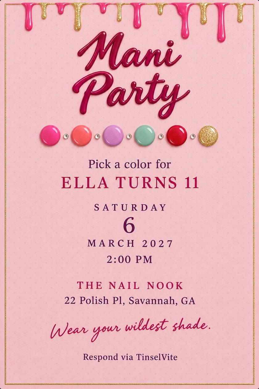Pink birthday invitation with pink and gold glitter polish dripping from the top, berry script Mani Party, six polish swatches, and the date and venue below.